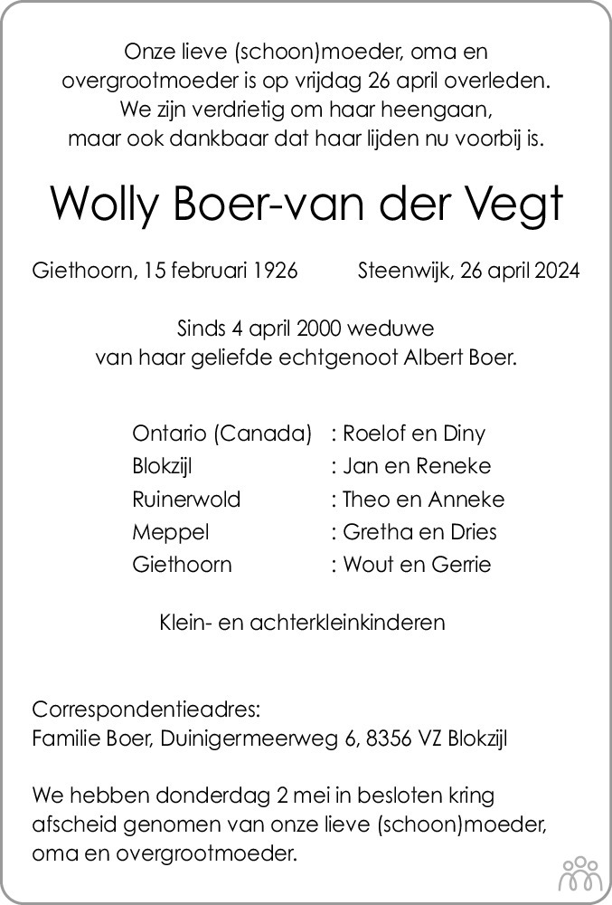 Wolly Boer Van Der Vegt 26 04 2024 Overlijdensbericht En Condoleances