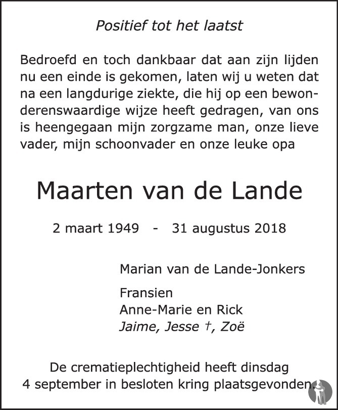 Maarten Van De Lande Overlijdensbericht En Condoleances