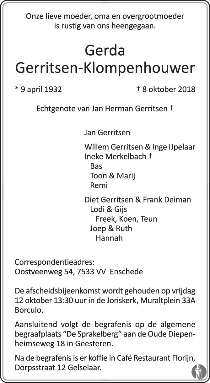 Gerda Gerritsen Klompenhouwer 08 10 2018 Overlijdensbericht En