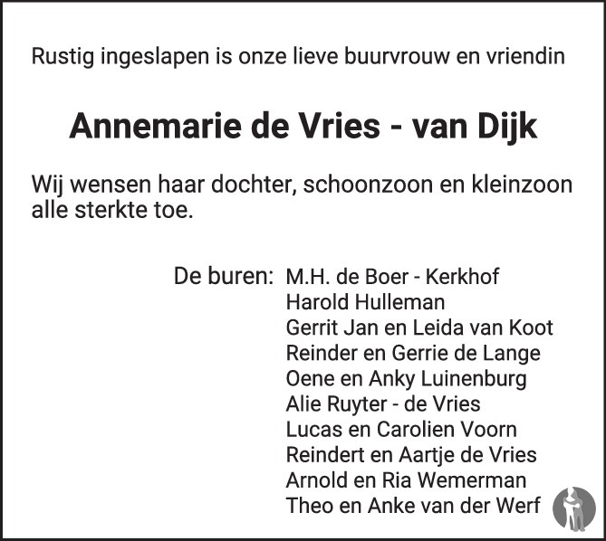 Annemarie De Vries Van Dijk Overlijdensbericht En