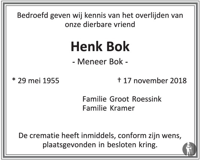 Henk Meneer Bok Bok Overlijdensbericht En Condoleances