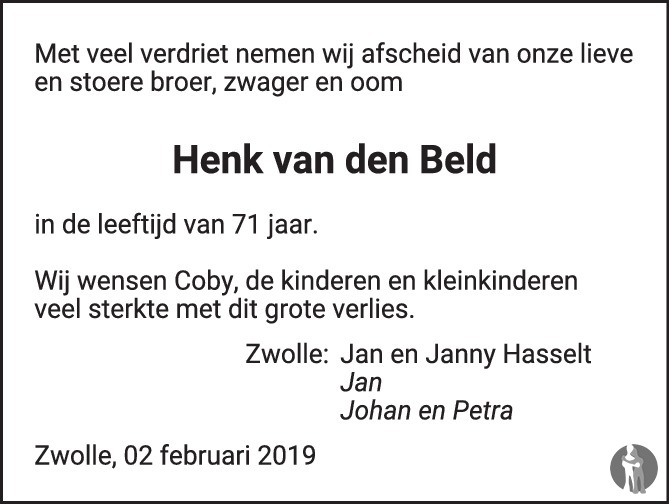 Hendrikus Johannes Henk Van Den Beld Overlijdensbericht En