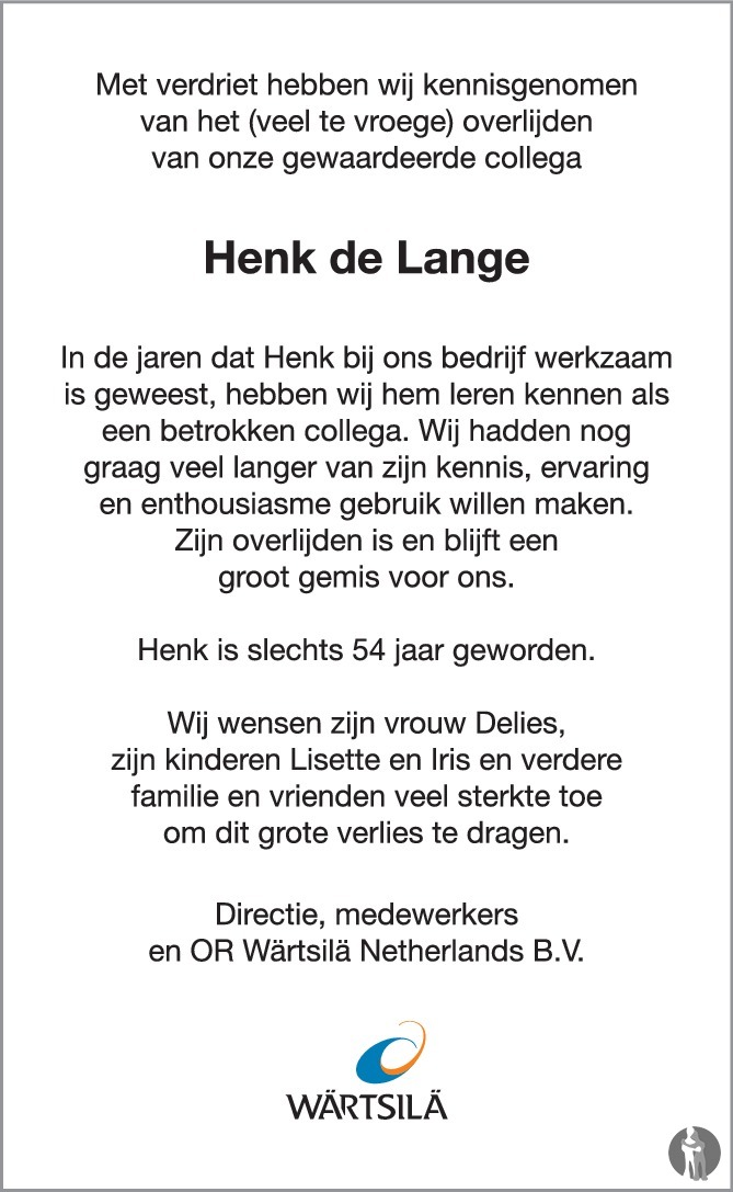 Henk De Lange Overlijdensbericht En Condoleances Mensenlinq Nl