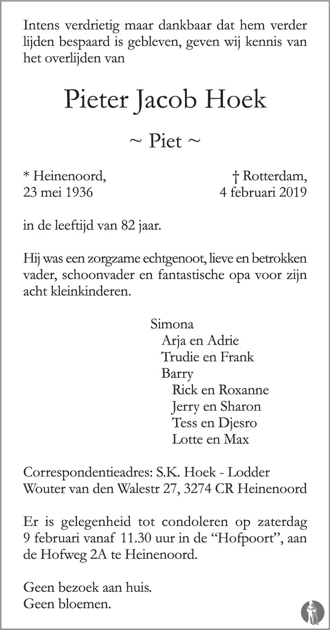 Pieter Jacob Piet Hoek Overlijdensbericht En Condoleances