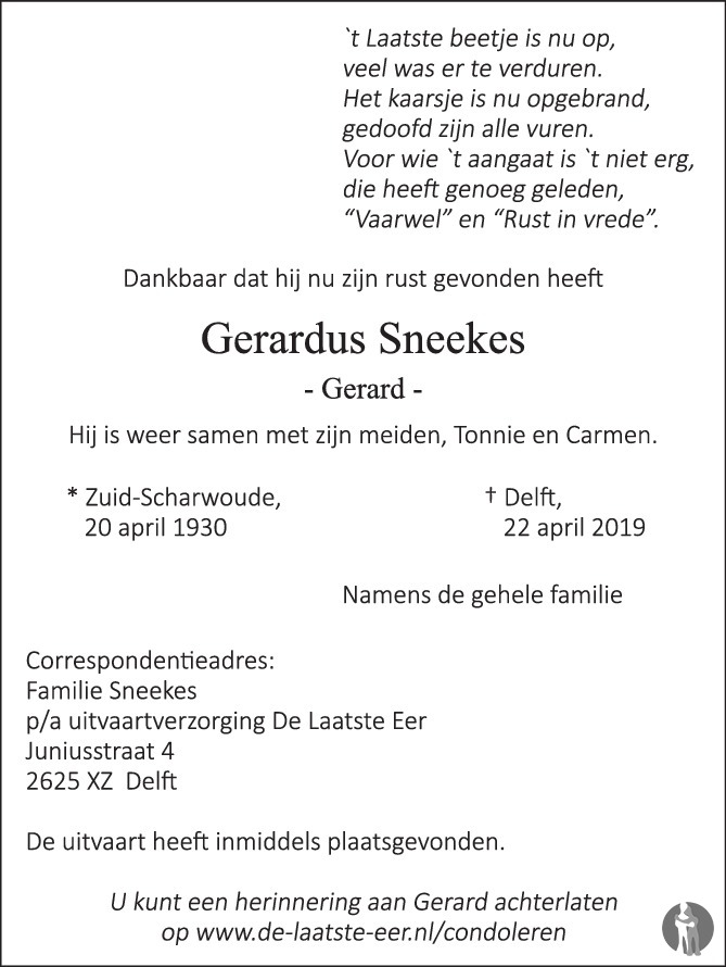 Gerardus Gerard Sneekes Overlijdensbericht En Condoleances