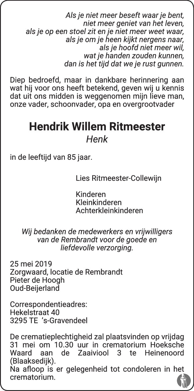 Hendrik Willem Henk Ritmeester Overlijdensbericht En