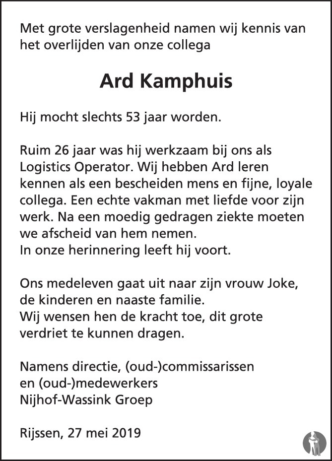 Ard Kamphuis 27 05 2019 Overlijdensbericht En Condoleances Mensenlinq Nl