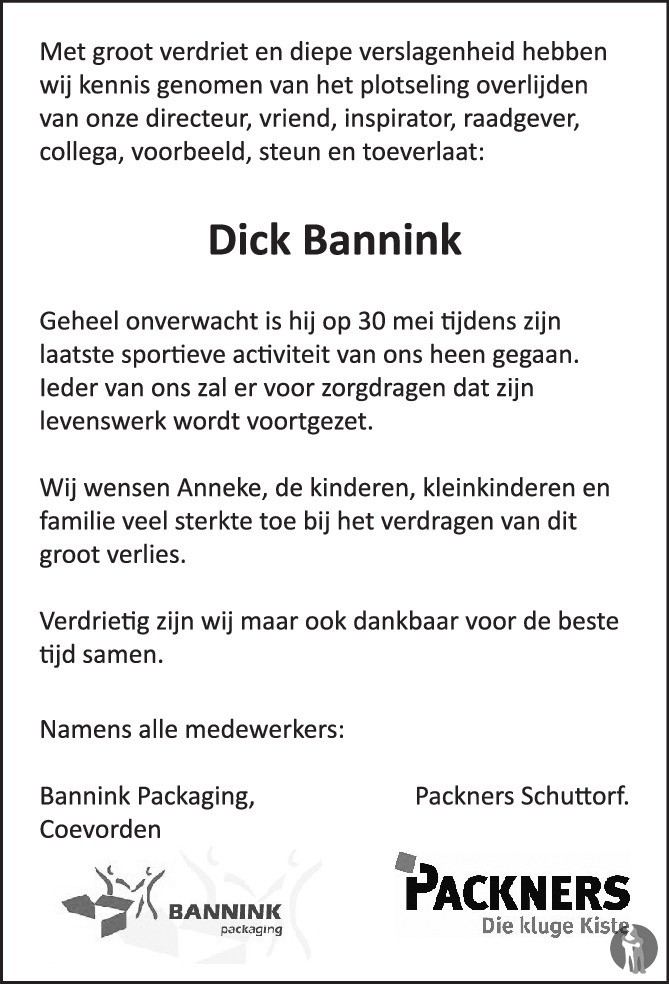 Dirk Willem Dick Bannink 30 05 2019 Overlijdensbericht En