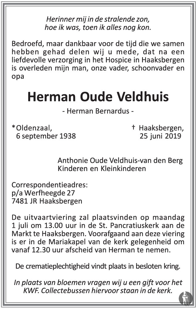 Herman Bernardus Herman Oude Veldhuis Overlijdensbericht