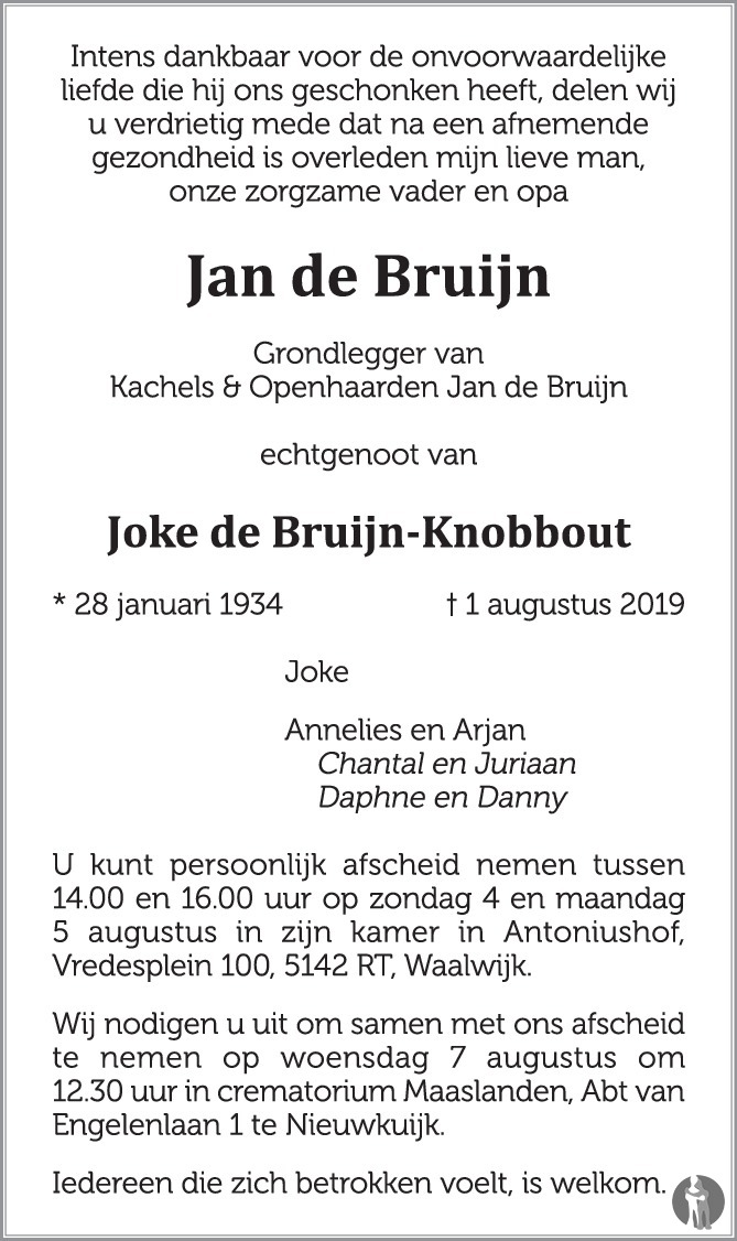 Jan De Bruijn 01 08 2019 Overlijdensbericht En Condoleances Mensenlinq Nl