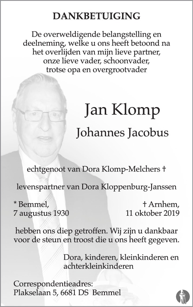 Johannes Jacobus Jan Klomp 11 10 2019 Overlijdensbericht En