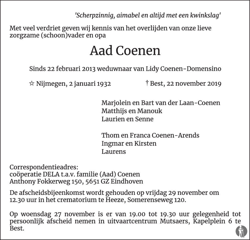 Aad Coenen 22 11 2019 Overlijdensbericht En Condoleances Mensenlinq Nl