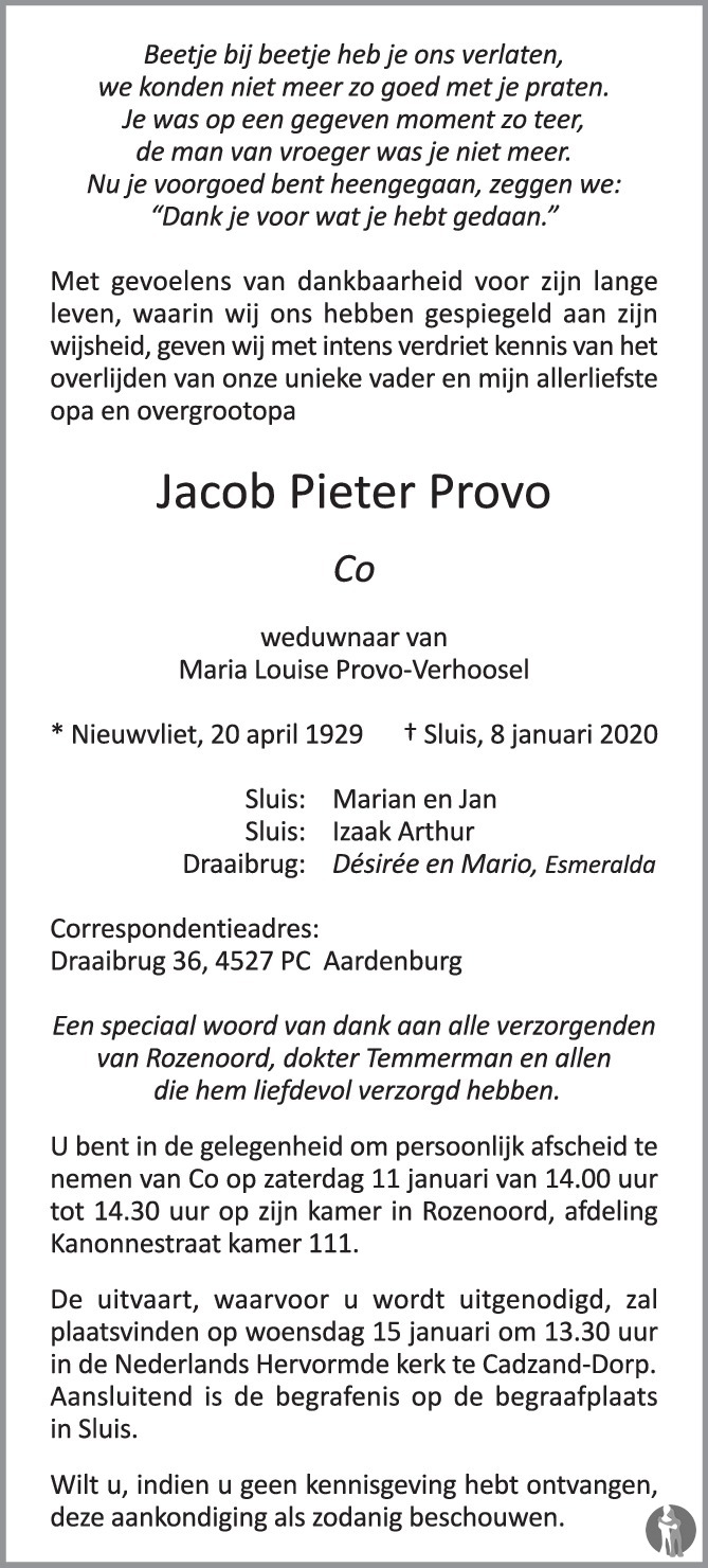 Jacob Pieter Provo 08 01 2020 Overlijdensbericht En Condoleances