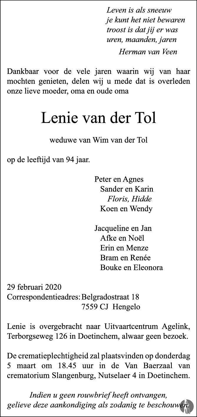 Lenie Van Der Tol Wentink Overlijdensbericht En Condoleances My Xxx