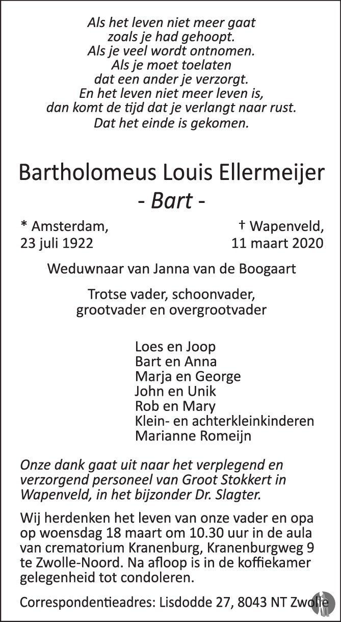 Bartholomeus Louis Bart Ellermeijer 11 03 2020 Overlijdensbericht En