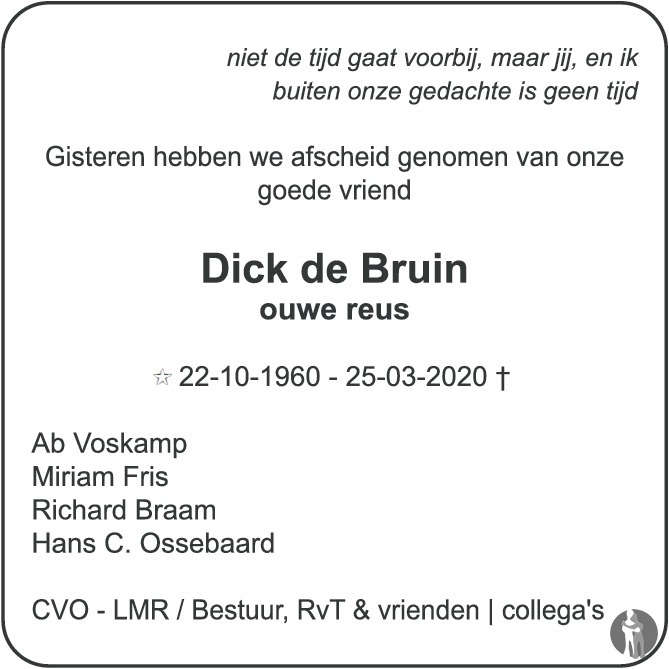 Dick De Bruin Overlijdensbericht En Condoleances Mensenlinq Nl