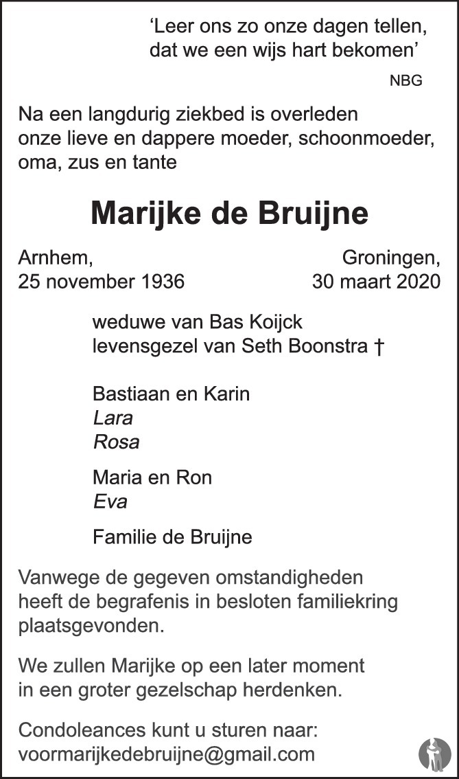 Marijke De Bruijne Overlijdensbericht En Condoleances