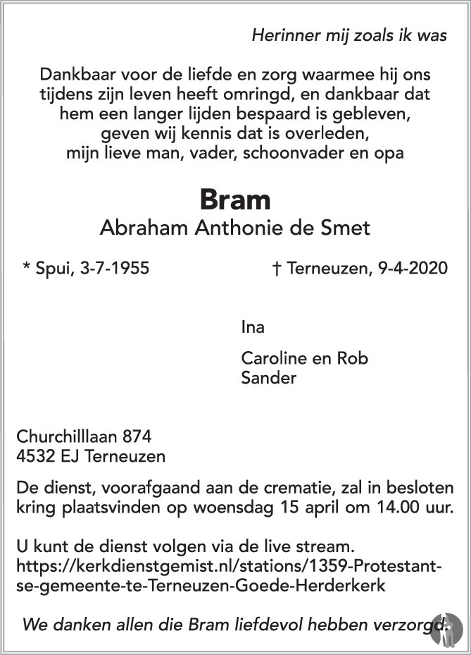 Abraham Anthonie Bram De Smet 09 04 2020 Overlijdensbericht En