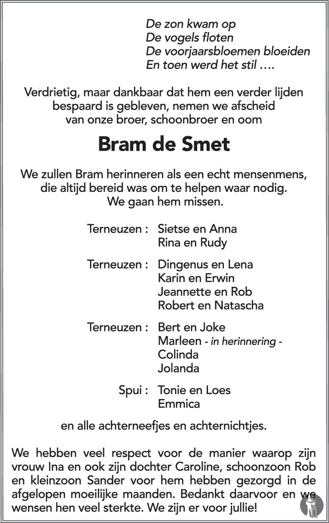 Abraham Anthonie Bram De Smet 09 04 2020 Overlijdensbericht En