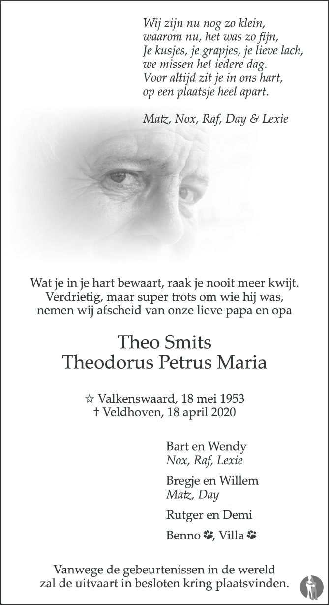 Theodorus Petrus Maria Theo Smits 18 04 2020 Overlijdensbericht En