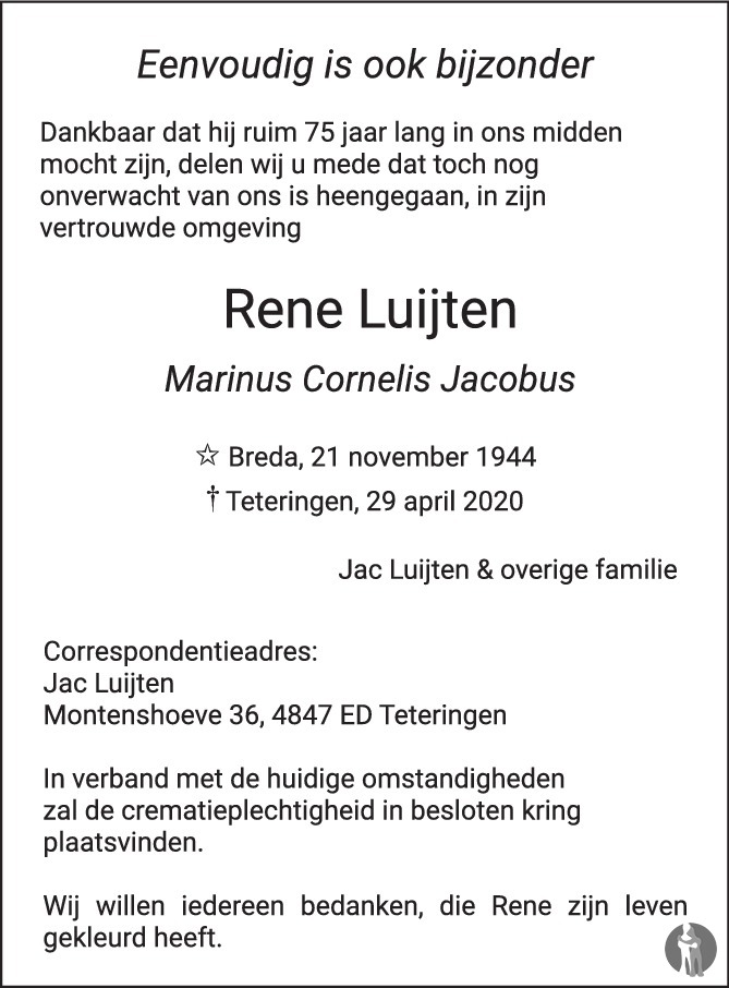 Rene Marinus Cornelis Jacobus Luijten Overlijdensbericht