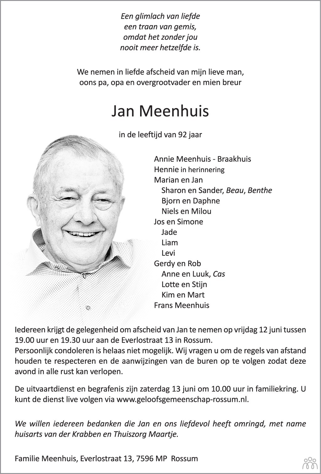 Jan Meenhuis Overlijdensbericht En Condoleances Mensenlinq Nl