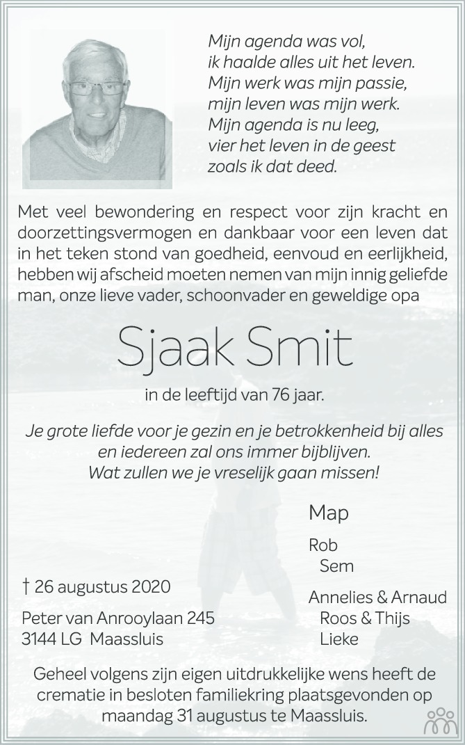 Sjaak Smit 26 08 2020 Overlijdensbericht En Condoleances Mensenlinq Nl