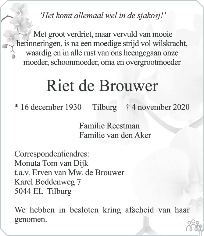 Riet De Brouwer 04 11 2020 Overlijdensbericht En Condoleances