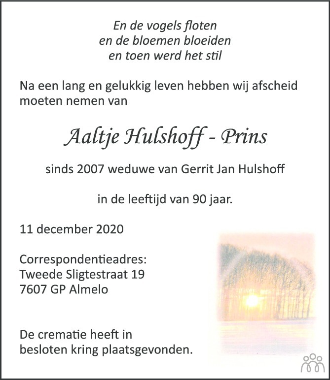 Aaltje Hulshoff Prins 11 12 2020 Overlijdensbericht En Condoleances