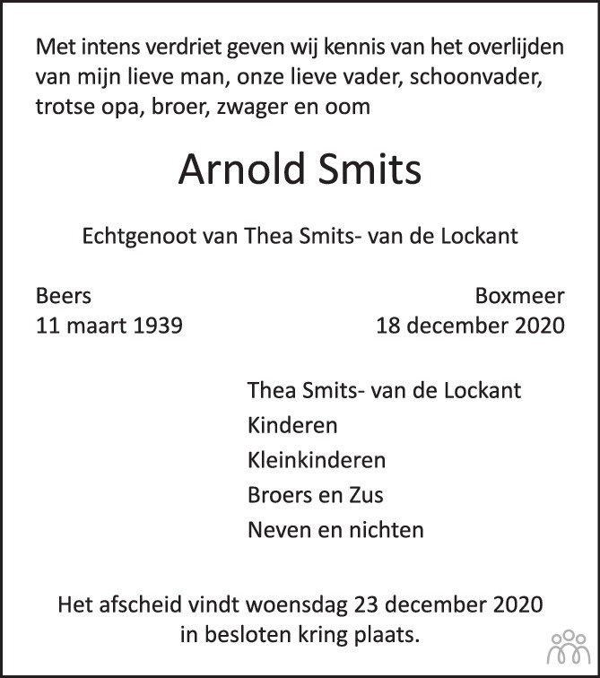 Arnold Smits 18 12 2020 Overlijdensbericht En Condoleances Mensenlinq Nl