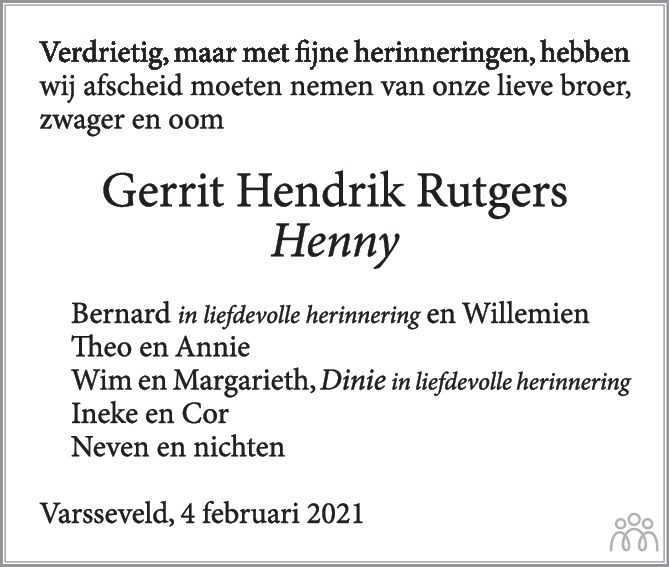 Henny Gerrit Hendrik Rutgers Overlijdensbericht En