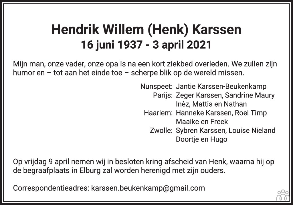 Hendrik Willem Henk Karssen 03 04 2021 Overlijdensbericht En