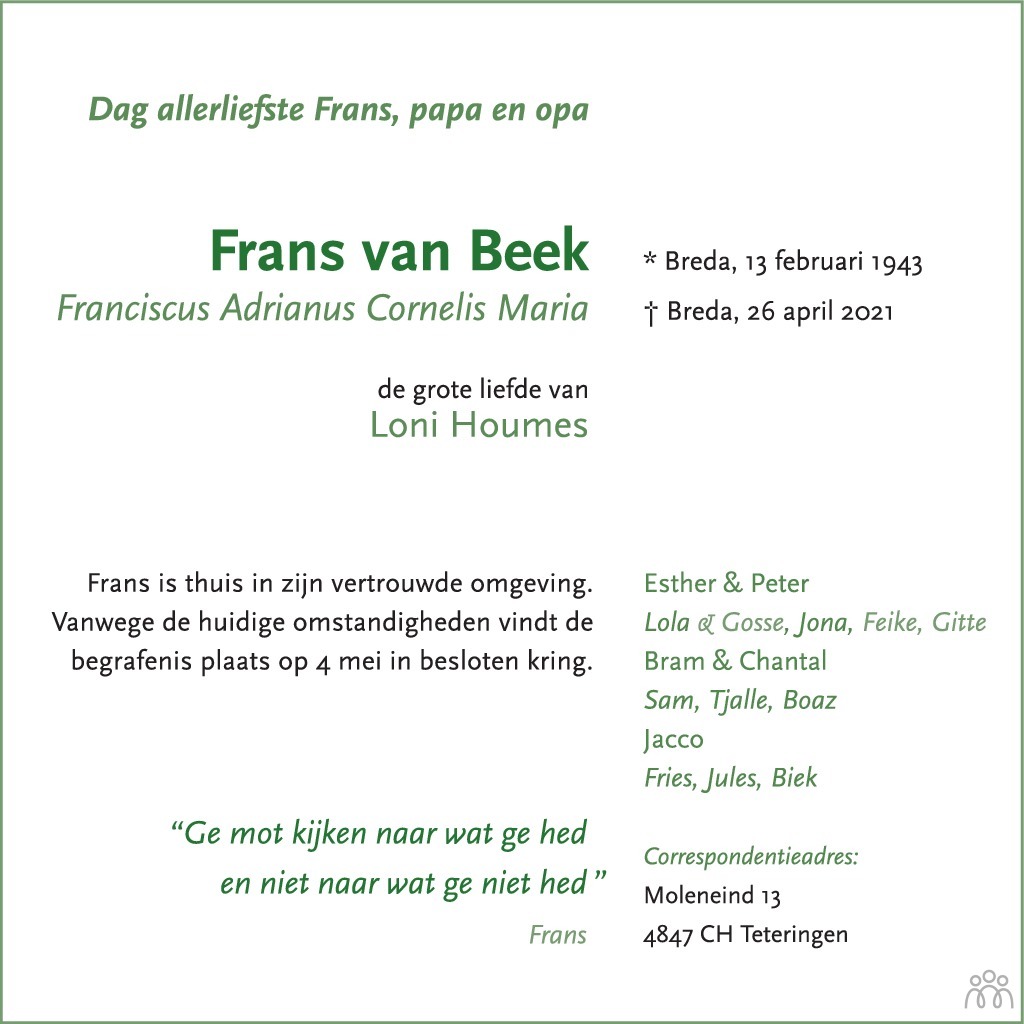 Frans Franciscus Adrianus Cornelis Maria Van Beek 26 04 2021