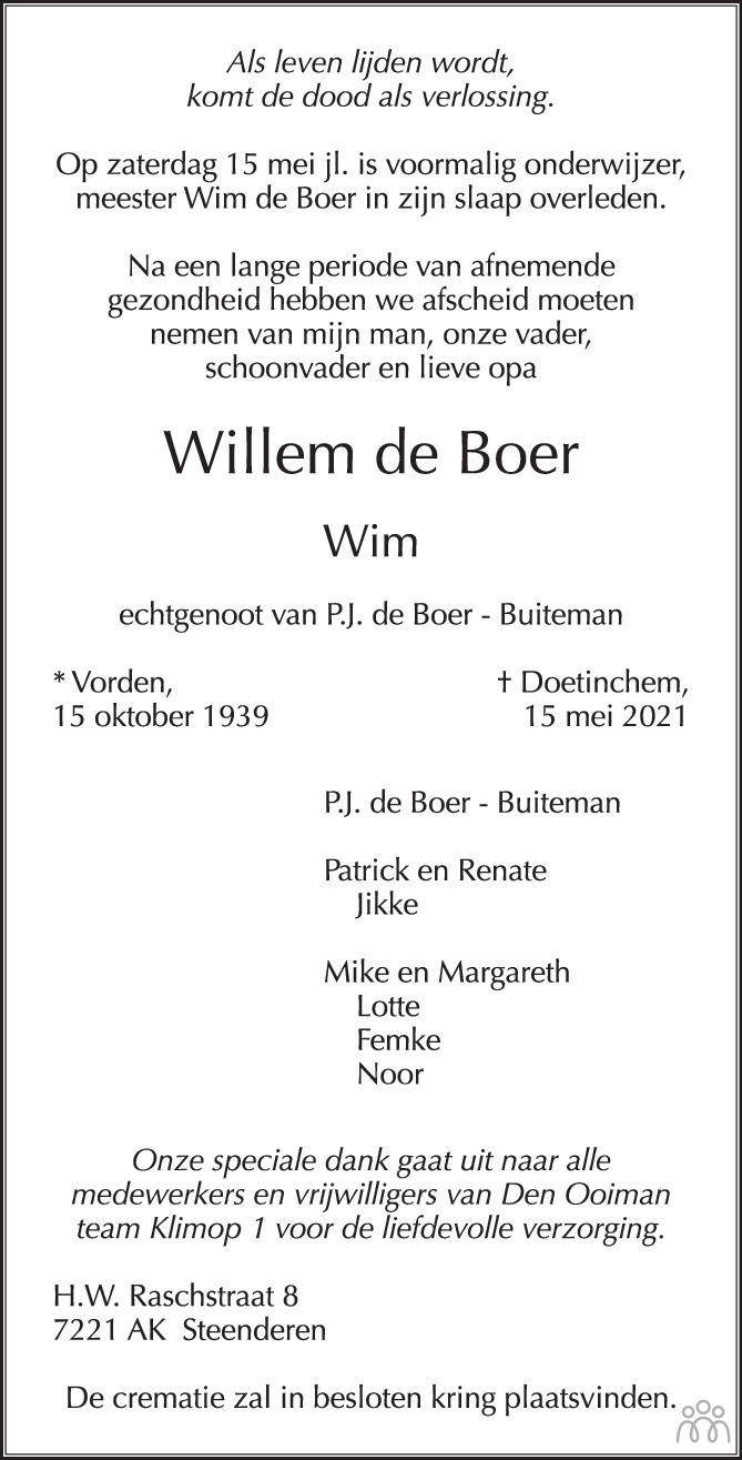 Willem Wim De Boer Overlijdensbericht En Condoleances My Xxx Hot Girl