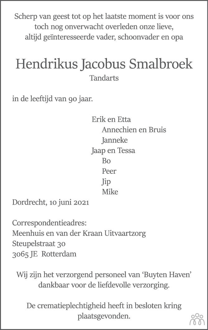 Hendrikus Jacobus Smalbroek Overlijdensbericht En