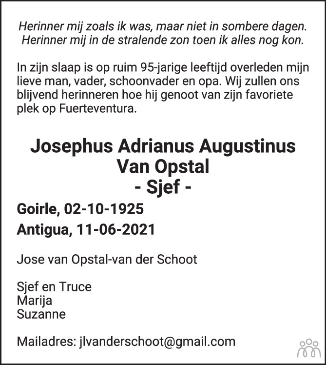 Josephus Adrianus Augustinus Sjef Van Opstal 11 06 2021