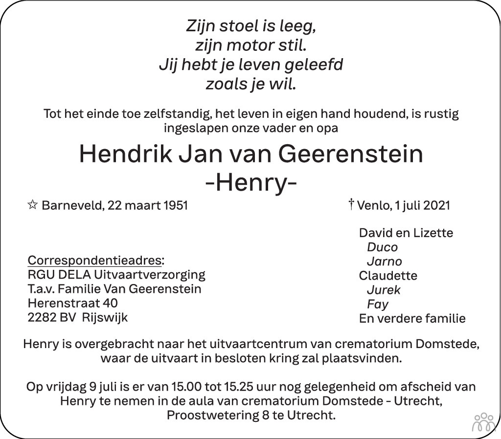 Hendrik Jan Henny Van Geerenstein Overlijdensbericht En