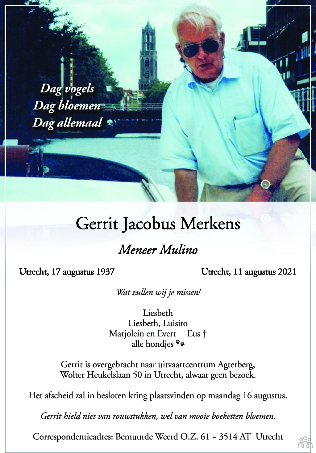 Gerrit Jacobus Merkens 11 08 2021 Overlijdensbericht En Condoleances