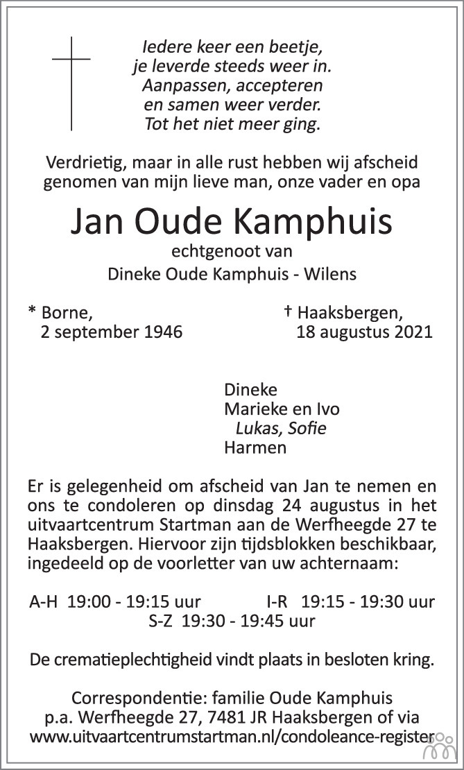 Jan Oude Kamphuis Overlijdensbericht En Condoleances