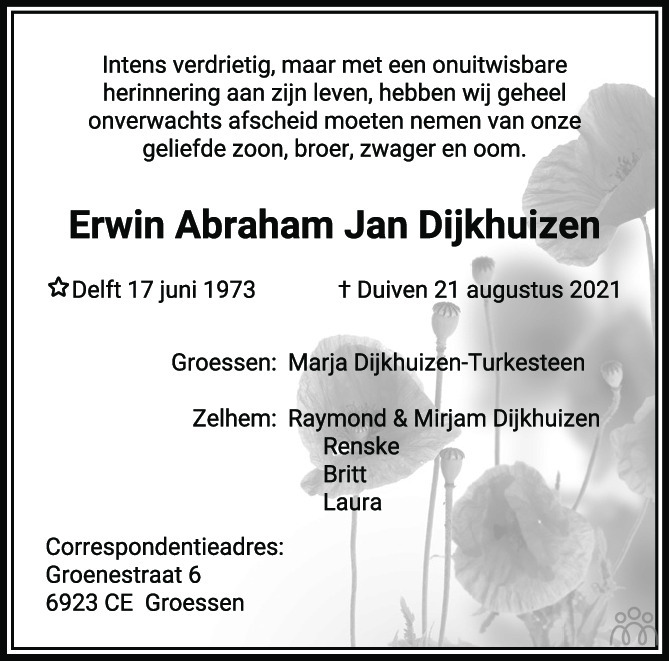 Erwin Abraham Jan Dijkhuizen 21 08 2021 Overlijdensbericht En