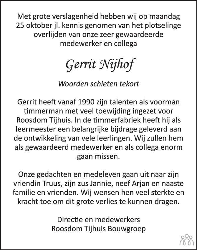 Gerrit Nijhof Overlijdensbericht En Condoleances Mensenlinq Nl