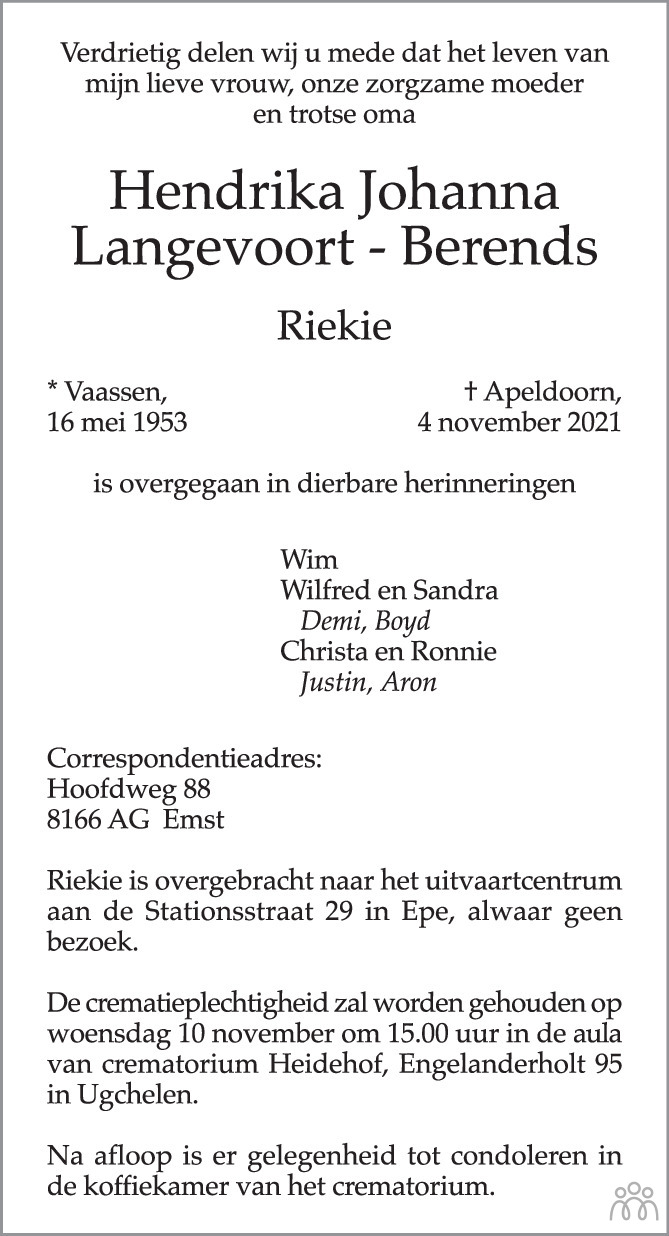 Hendrika Johanna Riekie Langevoort Berends 04 11 2021