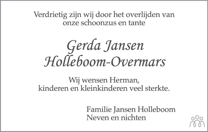 Gerda Jansen Holleboom Overmars Overlijdensbericht En