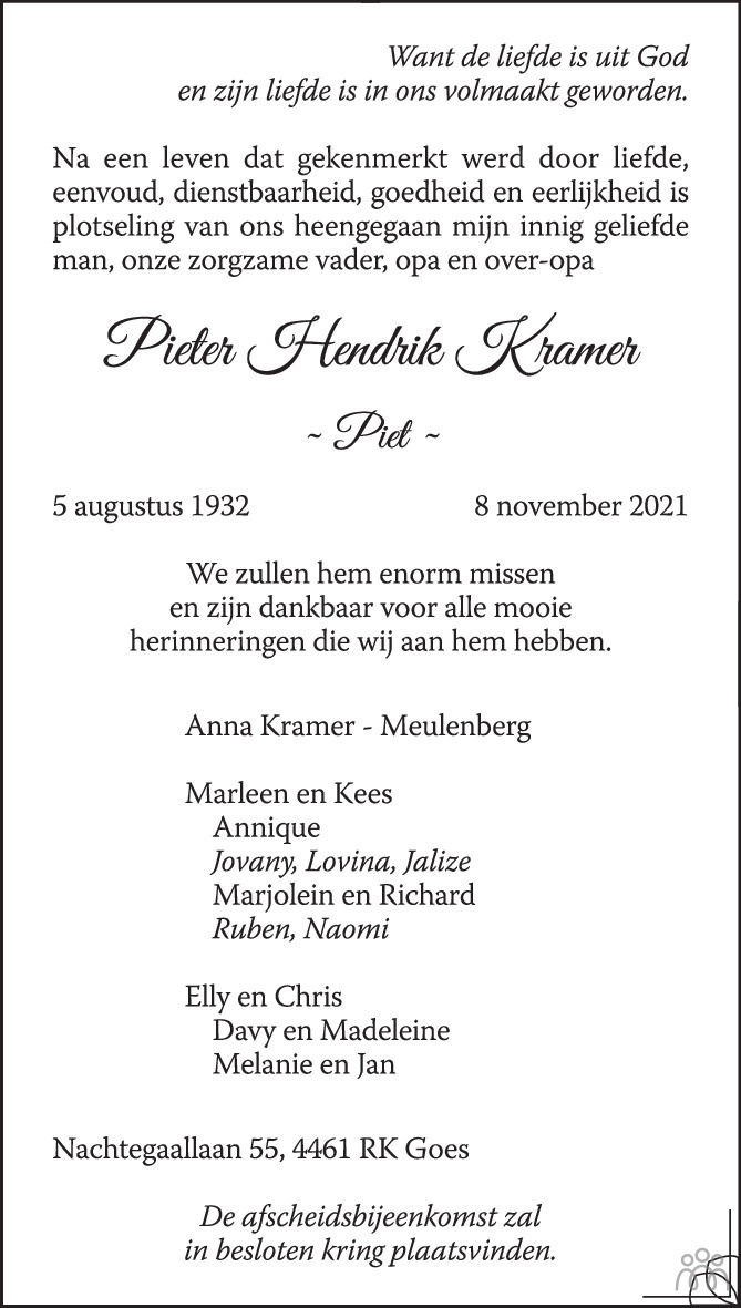 Pieter Hendrik Piet Kramer 08 11 2021 Overlijdensbericht En