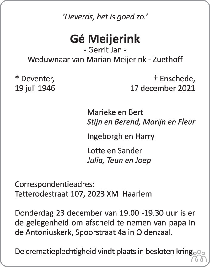 Gé Gerrit Jan Meijerink 17 12 2021 overlijdensbericht en condoleances