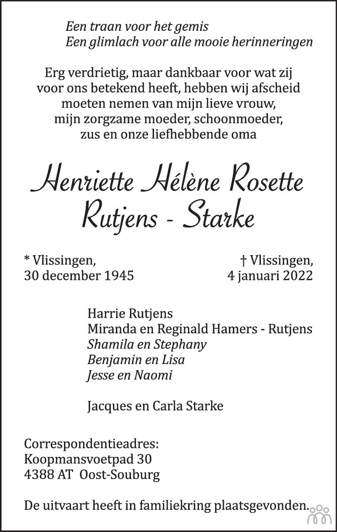 Henriette Hélène Rosette Rutjens Starke 04 01 2022 overlijdensbericht