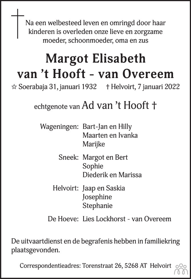 Margot Elisabeth Van T Hooft Van Overeem Overlijdensbericht