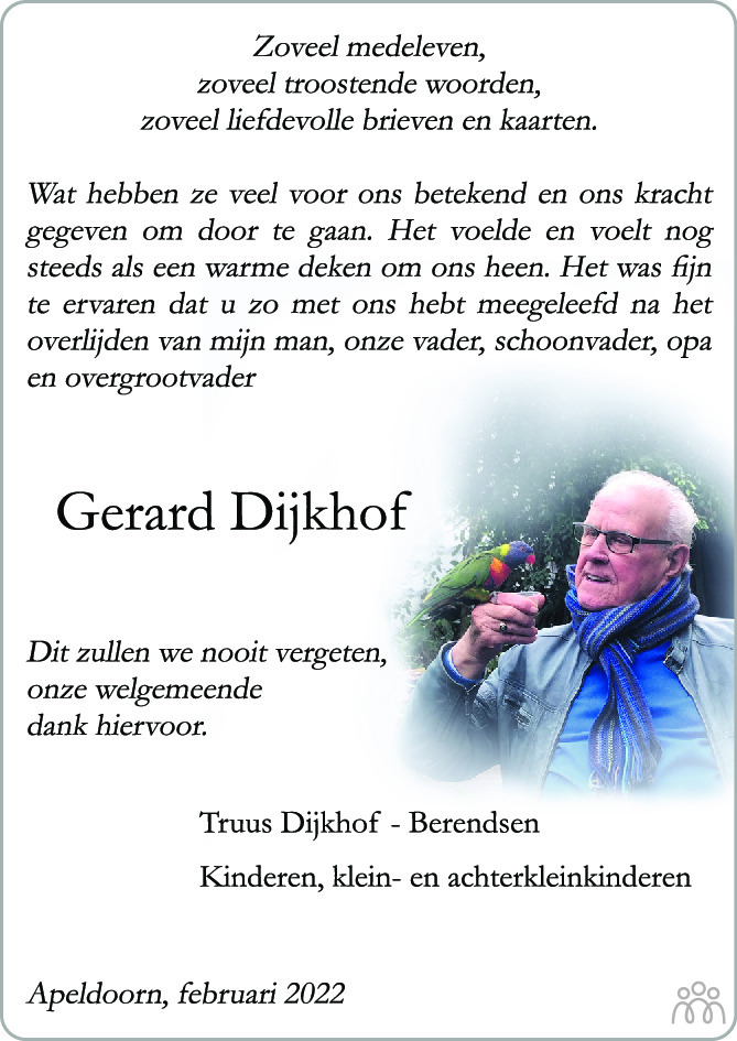 Gerard Gerardus Hendrikus Dijkhof 24 12 2021 Overlijdensbericht En