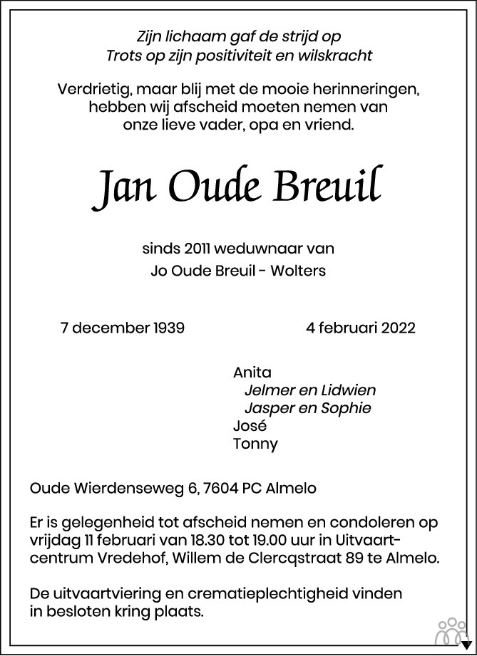 Jan Oude Breuil Overlijdensbericht En Condoleances