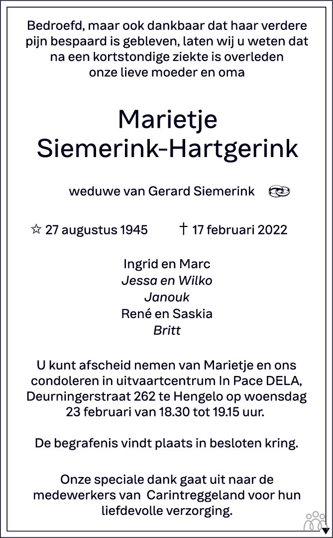 Marietje Siemerink Hartgerink Overlijdensbericht En